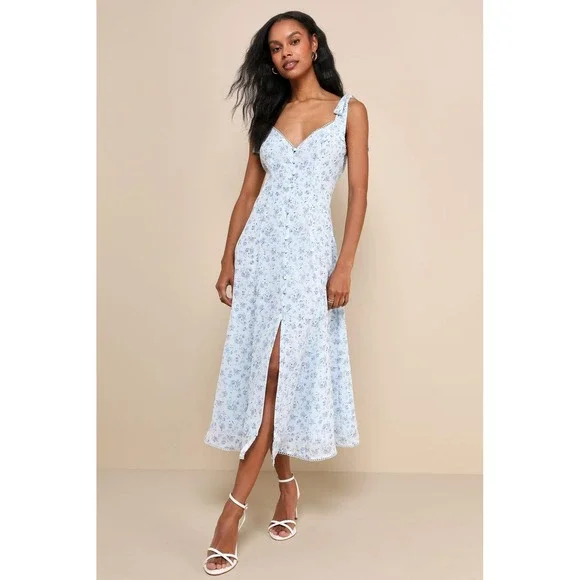 Lulus Charismatic Persona Light Blue Floral Tie-Strap Midi Dress Size XL - Picture 2 of 5